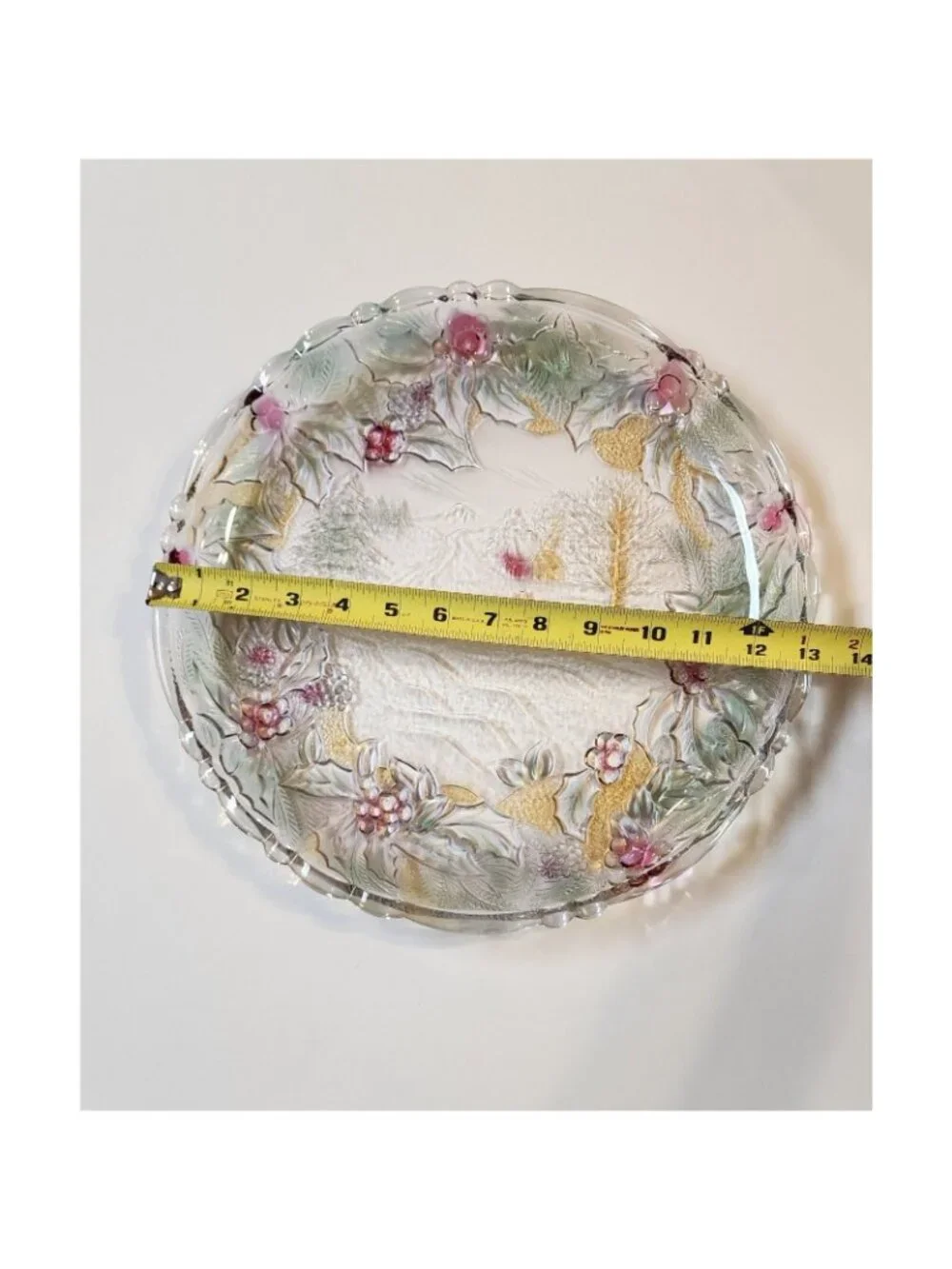 Christmas Serving Platter Plate Vintage Heavy Glass Tray Holly Winter Scene